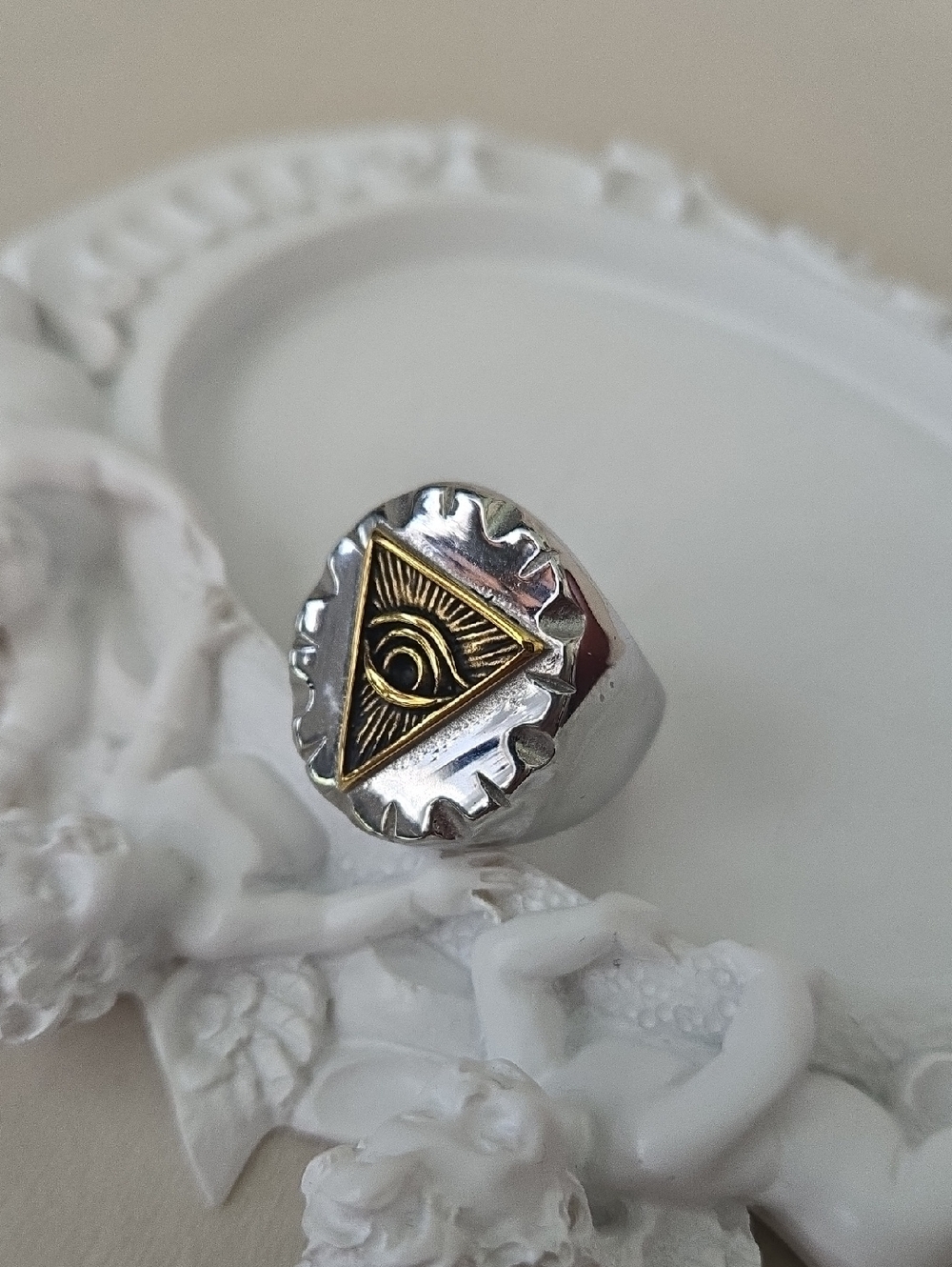 Stainless Steel, Durable All-Seeing Eye Triangle Signet Ring, NWT